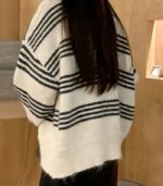 Women's Oversized Vintage Sweater – Soft Beige & Black Striped Cardigan with Round Neck, Relaxed Fit, All-Season Cozy Pullover - Image 5