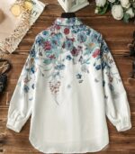 Women’s Floral Print Long-Sleeve Shirt – Elegant Loose-Fit Button-Up Blouse with Front Pockets, Featuring Blue and Red Flower Patterns on White Fabric, Perfect for Effortless Fall and Winter Casual Style - Image 3
