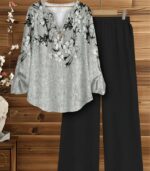 Women’s Elegant Floral Print Two-Piece Set – Chic Casual Suit with Printed Top and Solid Color Pants, Perfect for Daily Wear or Semi-Formal Occasions
