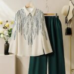 Women’s Casual Two-Piece Set – Long-Sleeve Plant Print Shirt with Solid Trousers and Handy Pockets for Spring and Summer