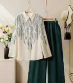 Women’s Casual Two-Piece Set – Long-Sleeve Plant Print Shirt with Solid Trousers and Handy Pockets for Spring and Summer