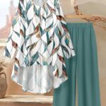 Women’s Casual Elegant Two-Piece Set – Loose Long Sleeve Top and Leaf Print Pants, Stylish Outfit for All Seasons