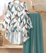 Women’s Casual Elegant Two-Piece Set – Loose Long Sleeve Top and Leaf Print Pants, Stylish Outfit for All Seasons