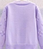 Women’s Elegant Knit Cardigan – Round Neck Long Sleeve Sweater with 3D Floral Embellishments, Wavy Hem, Button Accents, Solid Color, Perfect for Autumn & Winter - Image 11