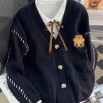 Women’s Navy & White Color-Block Cardigan – V-Neck Sweater Jacket with Tie-Front and Button Closure, Long-Sleeve Cozy Layer for Fall and Winter