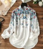 Women’s Floral Print Long-Sleeve Shirt – Elegant Loose-Fit Button-Up Blouse with Front Pockets, Featuring Blue and Red Flower Patterns on White Fabric, Perfect for Effortless Fall and Winter Casual Style