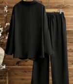 Women’s Elegant Embroidered Two-Piece Set – Loose Long Sleeve Stand Collar Shirt with Wide-Leg Straight Pants - Image 5