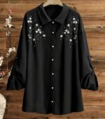 Women’s Elegant Embroidered Two-Piece Set – Loose Long Sleeve Stand Collar Shirt with Wide-Leg Straight Pants - Image 4