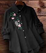 Women’s Elegant Embroidered Yellow Shirt – Long-Sleeve Button-Up Blouse with Floral & Leaf Design, Perfect for Casual Days, Formal Outfits, and All-Season Style