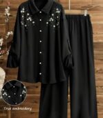 Women’s Elegant Embroidered Two-Piece Set – Loose Long Sleeve Stand Collar Shirt with Wide-Leg Straight Pants - Image 3