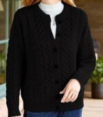 Women’s Navy Blue Geometric Cable-Knit Cardigan – Cozy Button-Front Sweater with Black Buttons, Round-Neck Long Sleeves, Perfect for Fall & Winter Layering - Image 5