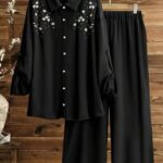 Women’s Elegant Embroidered Two-Piece Set – Loose Long Sleeve Stand Collar Shirt with Wide-Leg Straight Pants