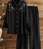 Women’s Elegant Embroidered Two-Piece Set – Loose Long Sleeve Stand Collar Shirt with Wide-Leg Straight Pants