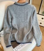 Women's Korean-Inspired Colorblock Sweater – Long Sleeve Pullover with Bow Accent and Lapel Detail, Soft & Cozy for Autumn and Winter Layering - Image 3